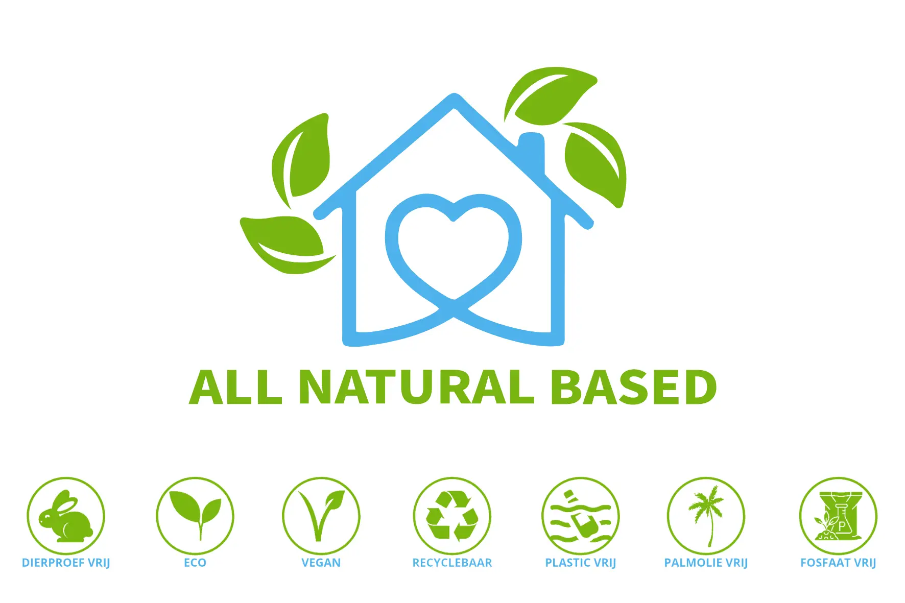 Het merkteken van All Natural Based met de keurmerken dierproefvrij, eco, vegan, recyclebaar, plasticvrij, palmolievrij en fosfaatvrij.