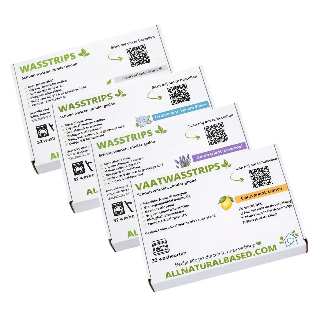 Vier dozen strips van All Natural Based: wasstrips geurvrij, Spring Breeze en lavendel, en vaatwasstrips met citroengeur.