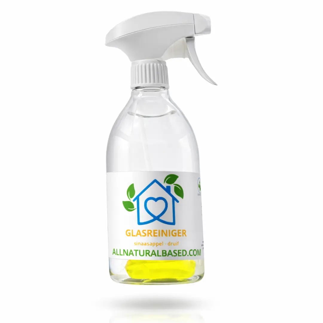 Glasreiniger met sinaasappel- en druivengeur in een navulbare sprayfles.