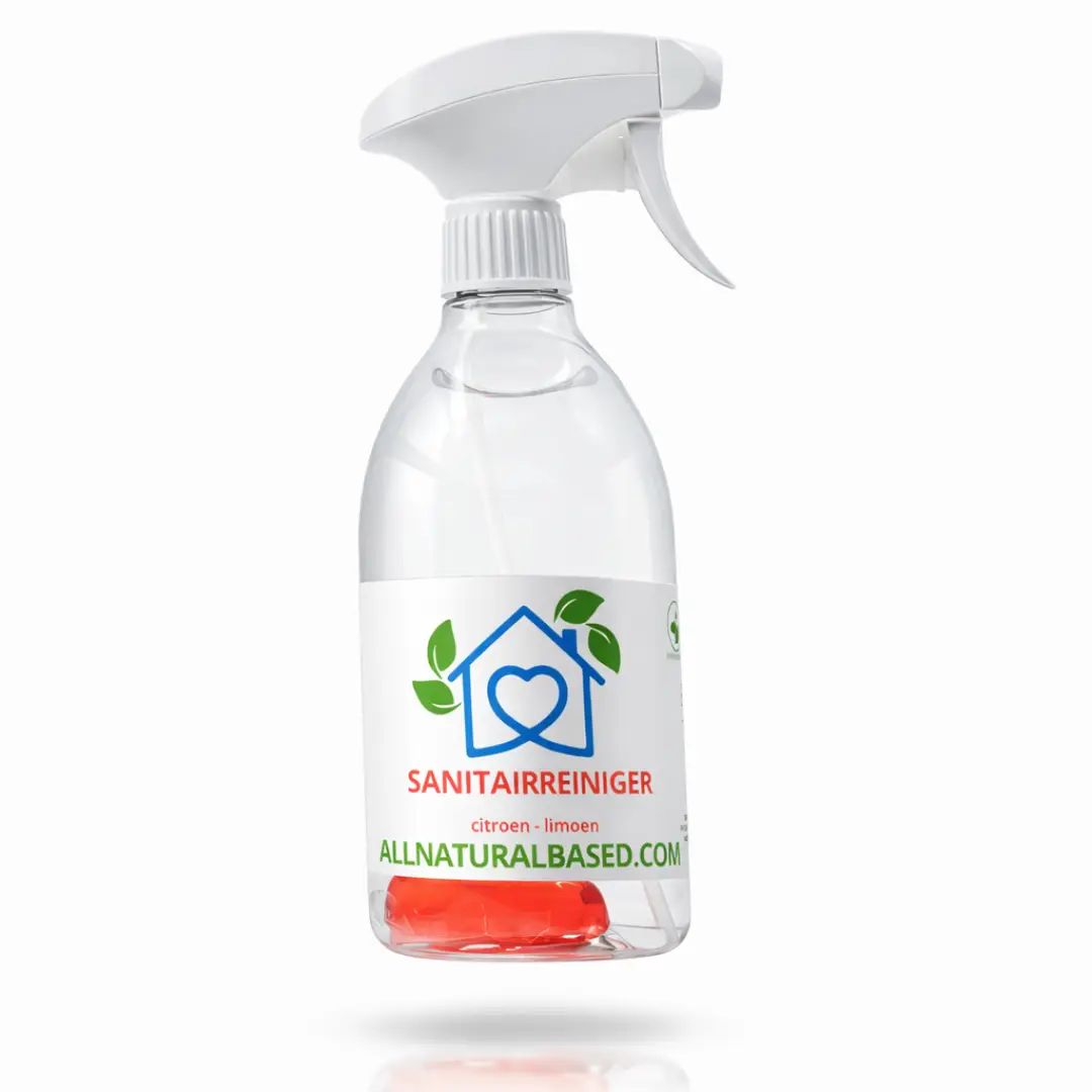 Sanitairreiniger met citroen- en limoengeur in een navulbare sprayfles.